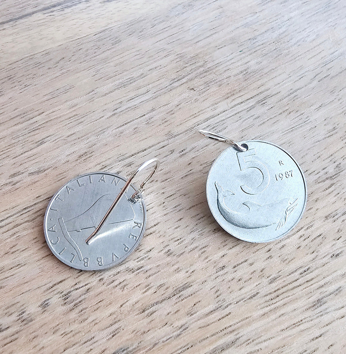 1987 Italy 5 Lira Dolphin Vintage Coin Earrings, .925 Sterling Silver Ear Wires, Lightweight Aluminum, Handcrafted in USA by E. Ria Designs