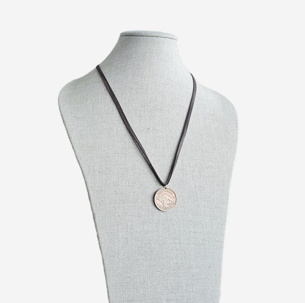 Vintage Australia Coin Necklace, Kangaroo Penny, King George, Brown Leather Cord Chain, 24 Inches, Made in USA by E. Ria Designs, Gift Boxed