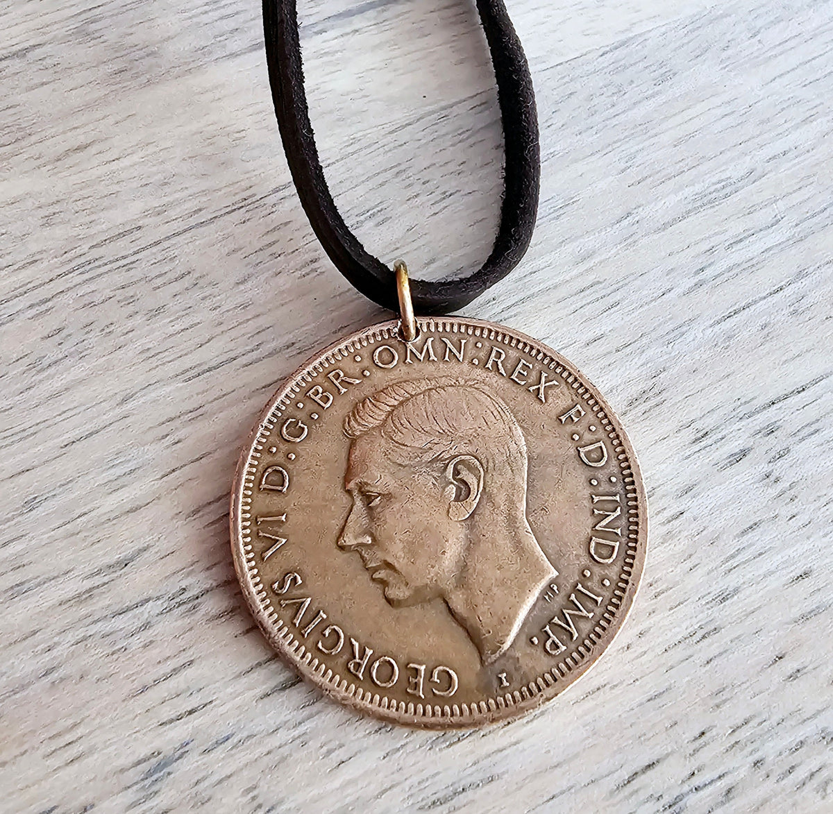 Vintage Australia Coin Necklace, Kangaroo Penny, King George, Brown Leather Cord Chain, 24 Inches, Made in USA by E. Ria Designs, Gift Boxed