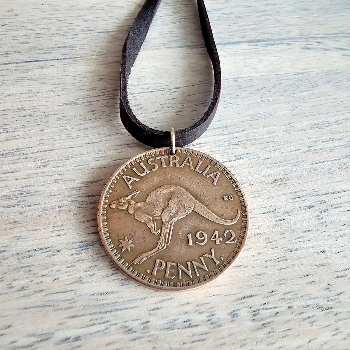 Vintage Australia Coin Necklace, Kangaroo Penny, King George, Brown Leather Cord Chain, 24 Inches, Made in USA by E. Ria Designs, Gift Boxed