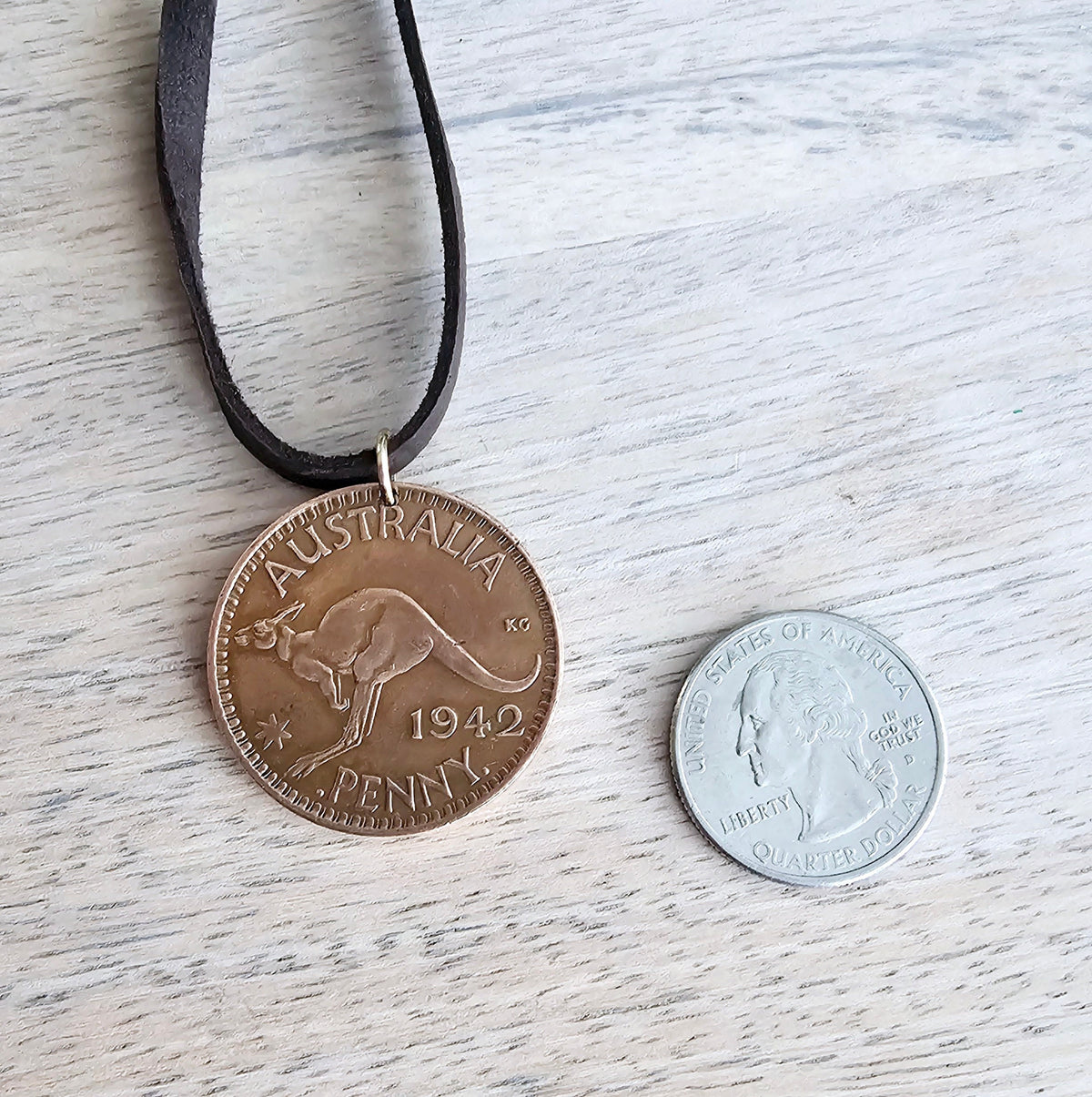 Vintage Australia Coin Necklace, Kangaroo Penny, King George, Brown Leather Cord Chain, 24 Inches, Made in USA by E. Ria Designs, Gift Boxed