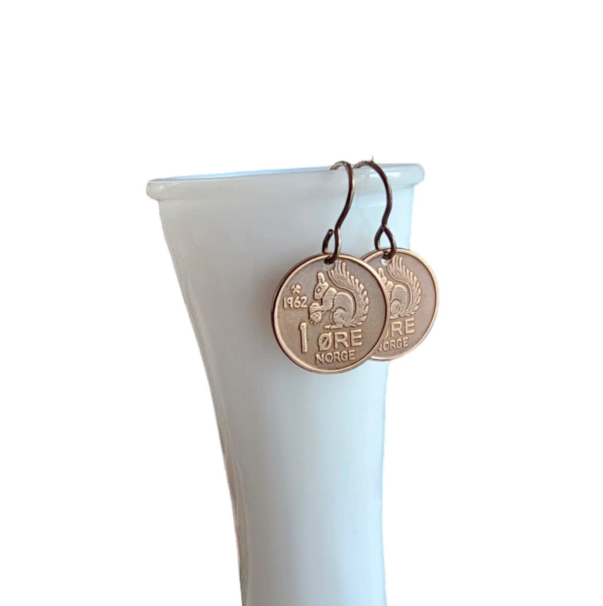 Norway Squirrel Coin Earrings, Solid Brass Ear Wires, Handmade Jewelry Made in USA by E. Ria Designs, Gift Boxed