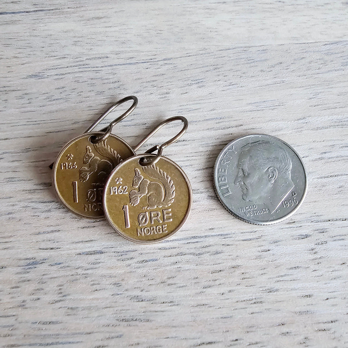 Norway Squirrel Coin Earrings, Solid Brass Ear Wires, Handmade Jewelry Made in USA by E. Ria Designs, Gift Boxed