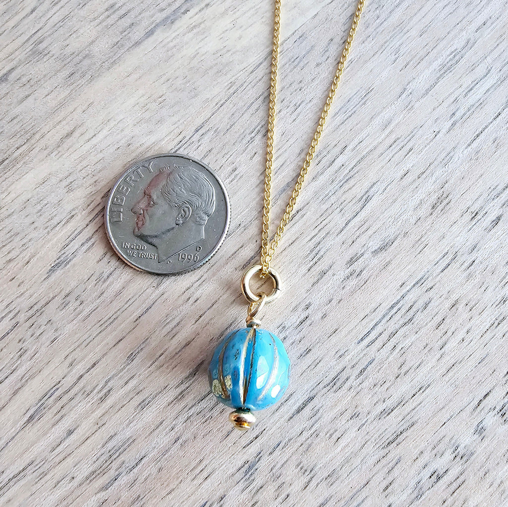 Aqua Turquoise Blue Czech Glass Charm Necklace, Faceted Iridescent Bead, 10K Gold Filled Chain 18 Inches, Handmade in USA, Gift Boxed