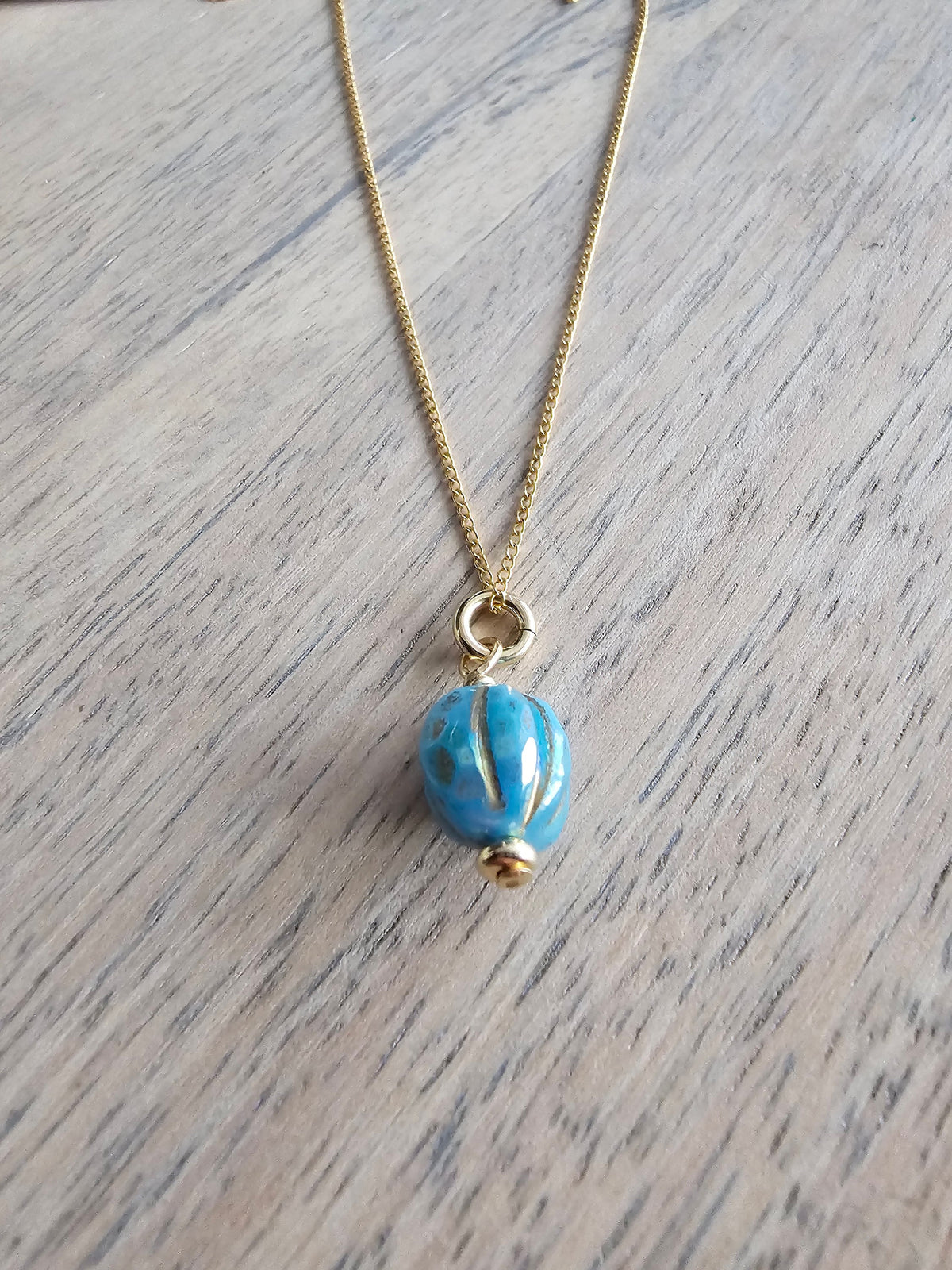 Aqua Turquoise Blue Czech Glass Charm Necklace, Faceted Iridescent Bead, 10K Gold Filled Chain 18 Inches, Handmade in USA, Gift Boxed