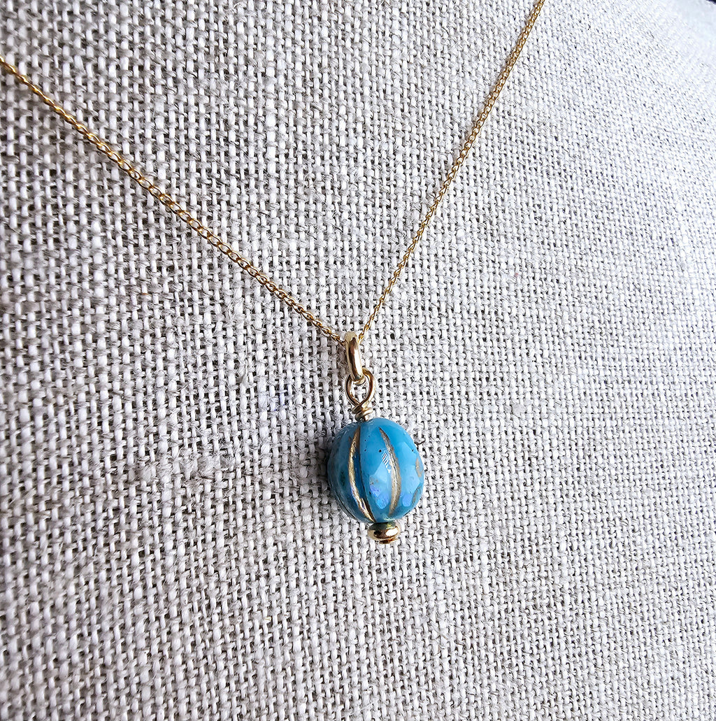 Aqua Turquoise Blue Czech Glass Charm Necklace, Faceted Iridescent Bead, 10K Gold Filled Chain 18 Inches, Handmade in USA, Gift Boxed