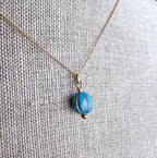 Aqua Turquoise Blue Czech Glass Charm Necklace, Faceted Iridescent Bead, 10K Gold Filled Chain 18 Inches, Handmade in USA, Gift Boxed