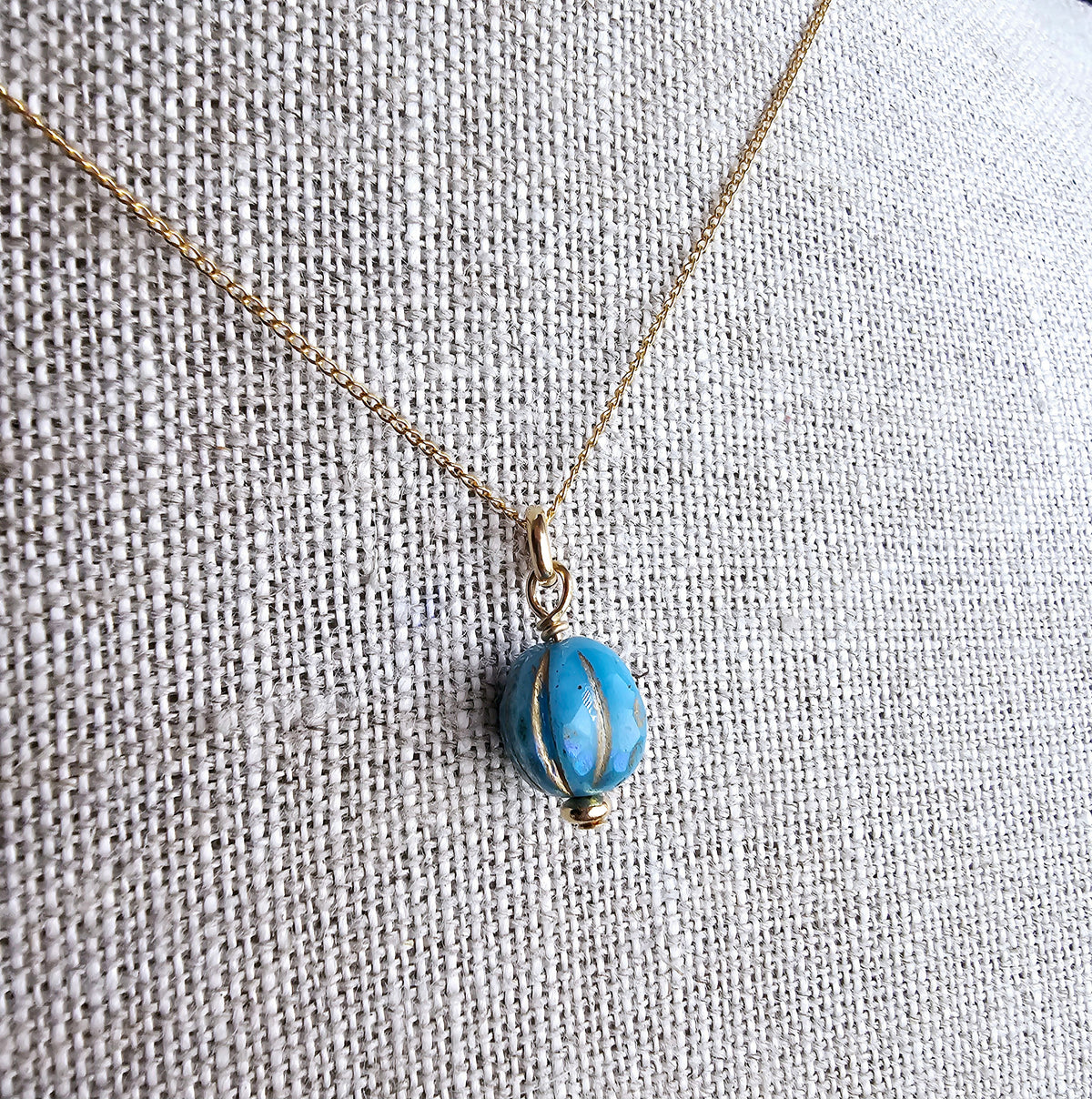 Aqua Turquoise Blue Czech Glass Charm Necklace, Faceted Iridescent Bead, 10K Gold Filled Chain 18 Inches, Handmade in USA, Gift Boxed