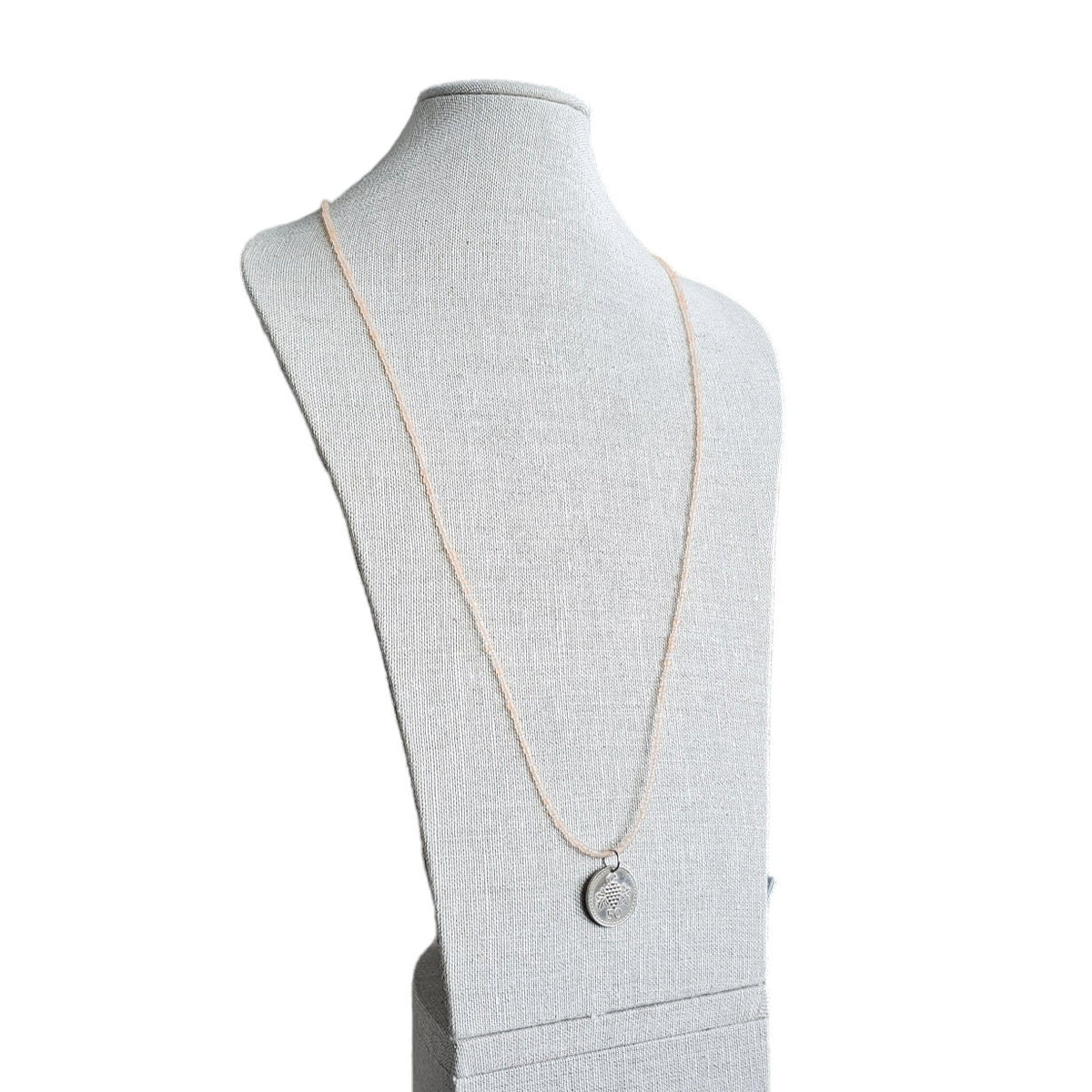1976 Cyprus Grape Coin Necklace, Frosty Peach Glass Chain, Sterling Silver Clasp, 50 Mils, Long Layering Necklace, Gift Boxed, Eriadesigns