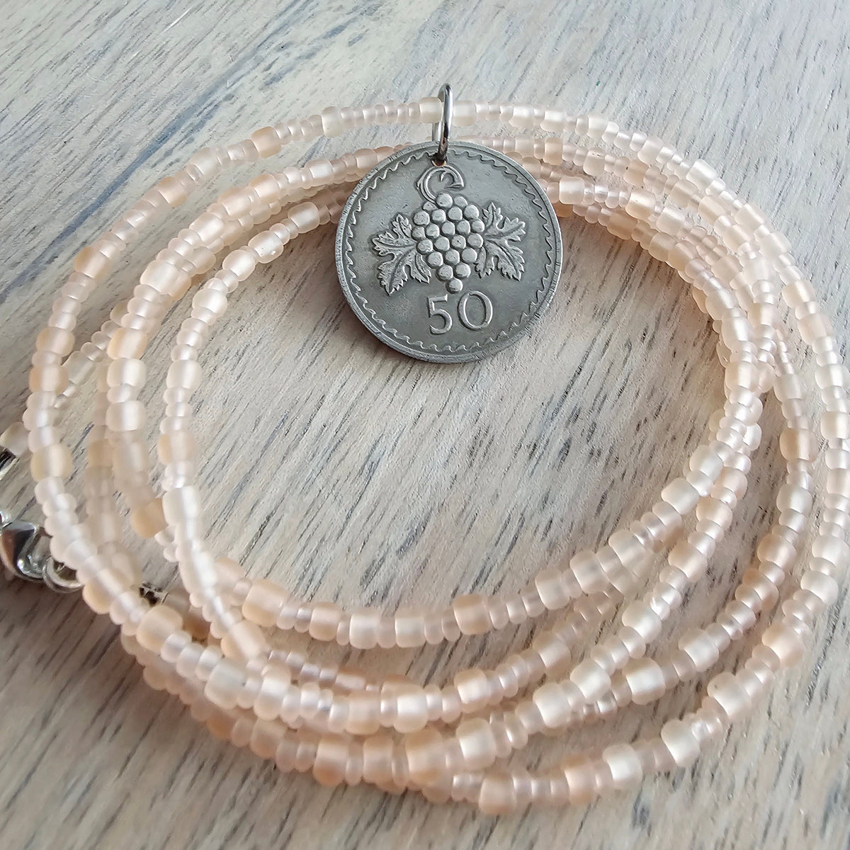 1976 Cyprus Grape Coin Necklace, Frosty Peach Glass Chain, Sterling Silver Clasp, 50 Mils, Long Layering Necklace, Gift Boxed, Eriadesigns