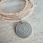 1976 Cyprus Grape Coin Necklace, Frosty Peach Glass Chain, Sterling Silver Clasp, 50 Mils, Long Layering Necklace, Gift Boxed, Eriadesigns