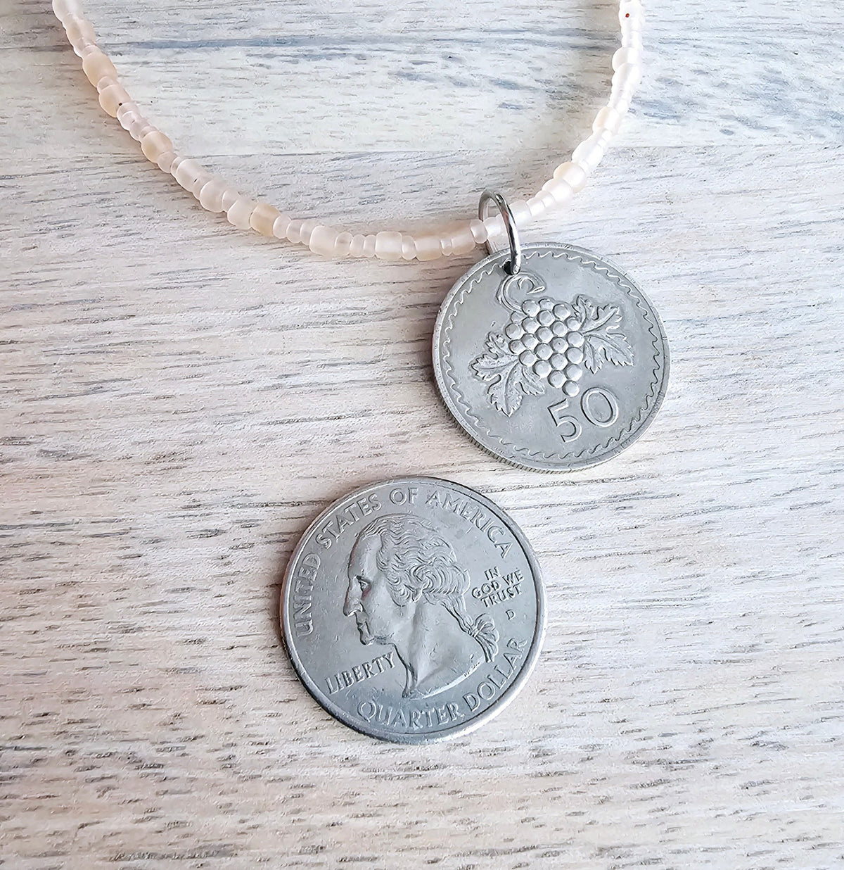 1976 Cyprus Grape Coin Necklace, Frosty Peach Glass Chain, Sterling Silver Clasp, 50 Mils, Long Layering Necklace, Gift Boxed, Eriadesigns