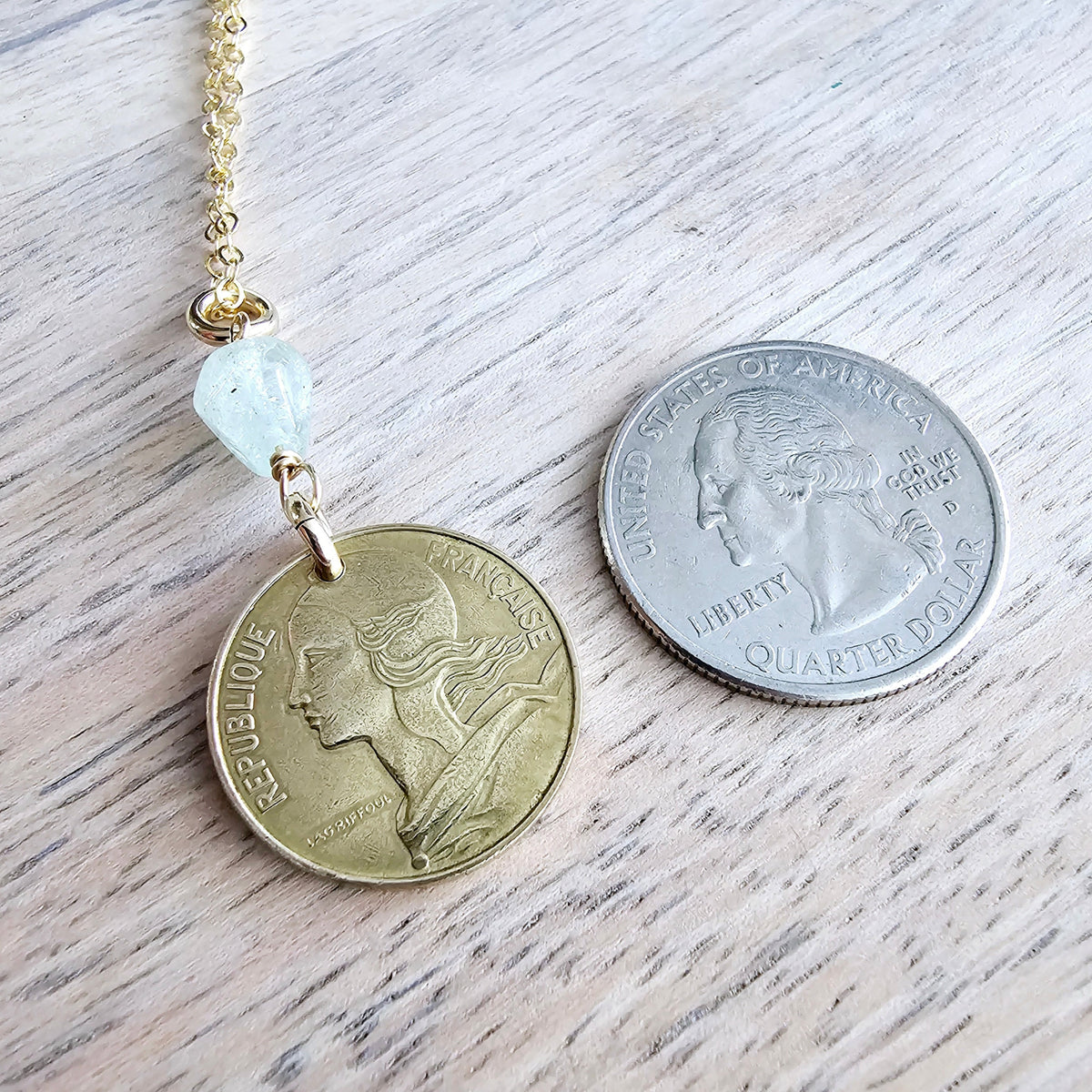 French Coin & Aquamarine Necklace, 14K Gold Filled Cable Chain, Marianne, March Birthstone, Gift Boxed, Handmade in USA Eriadesigns