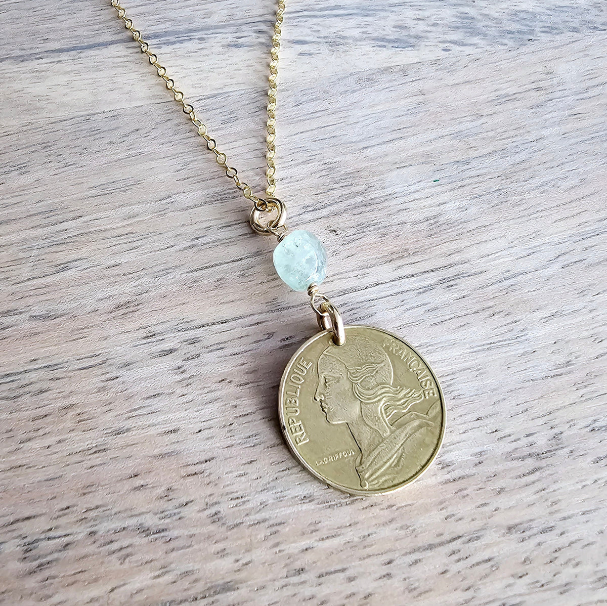 French Coin & Aquamarine Necklace, 14K Gold Filled Cable Chain, Marianne, March Birthstone, Gift Boxed, Handmade in USA Eriadesigns