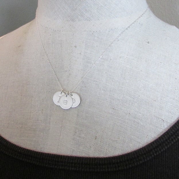 Three Letter Charm Necklace, Personalized Initial Jewelry, Sterling Silver Pendants, Hand Stamped Gift Box Made in USA by E. Ria Designs