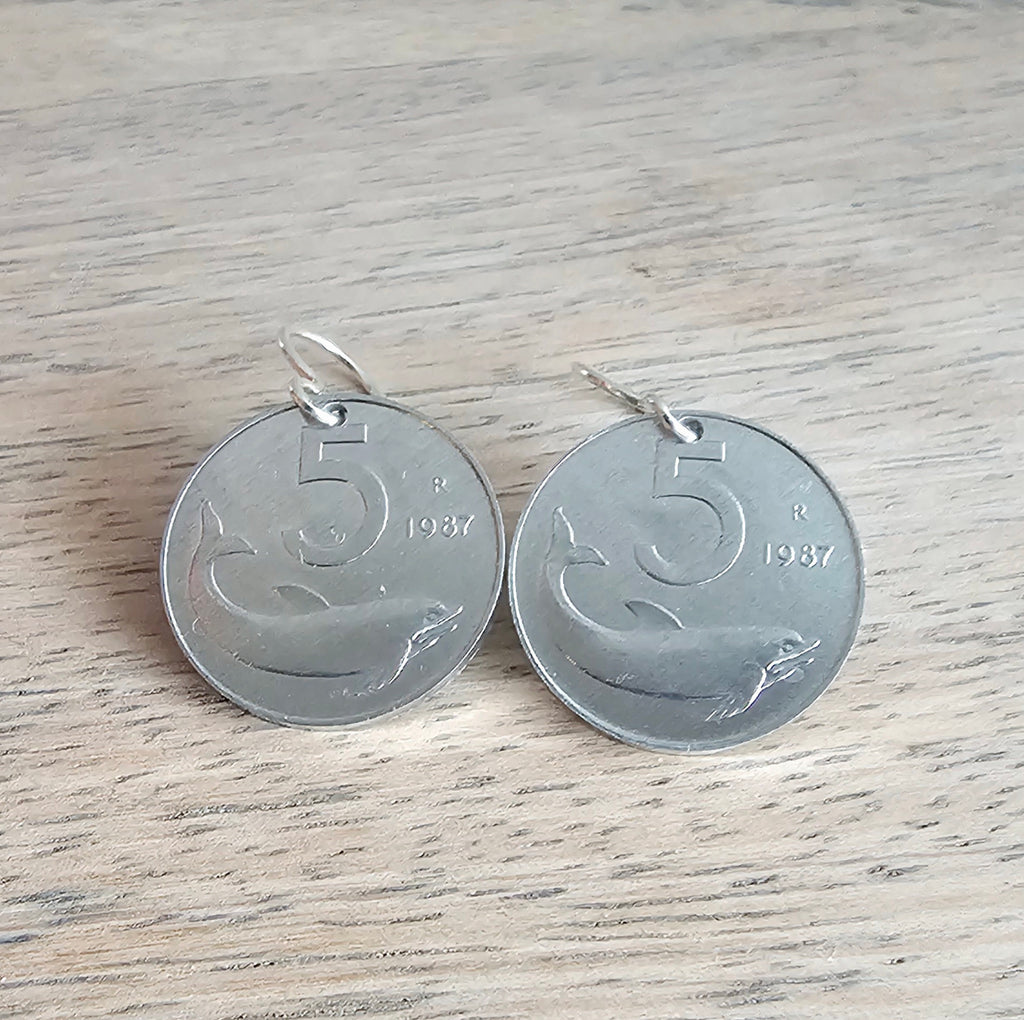 1987 Italy 5 Lira Dolphin Vintage Coin Earrings, .925 Sterling Silver Ear Wires, Lightweight Aluminum, Handcrafted in USA by E. Ria Designs