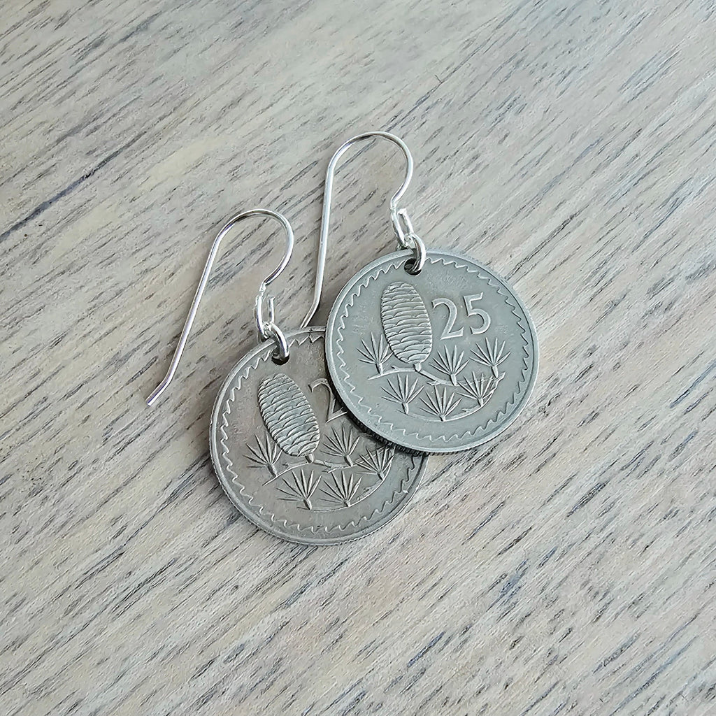 1963 Cyprus Pinecone Coin Earrings, Kibris Kumhuriyeti, 25 Mil, Cedar Tree, Sterling Silver Ear Wires, Gift Box, ERiaDesigns, Birthday Gift