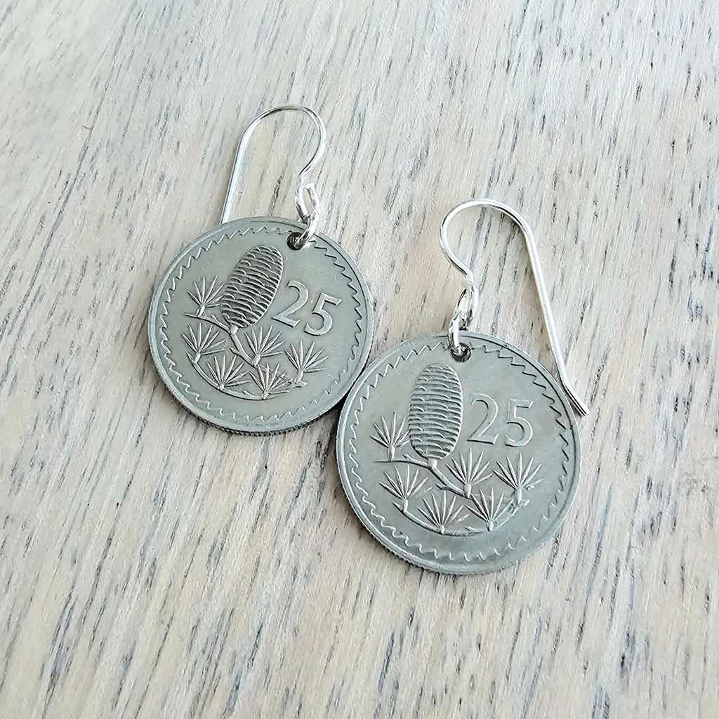 1963 Cyprus Pinecone Coin Earrings, Kibris Kumhuriyeti, 25 Mil, Cedar Tree, Sterling Silver Ear Wires, Gift Box, ERiaDesigns, Birthday Gift