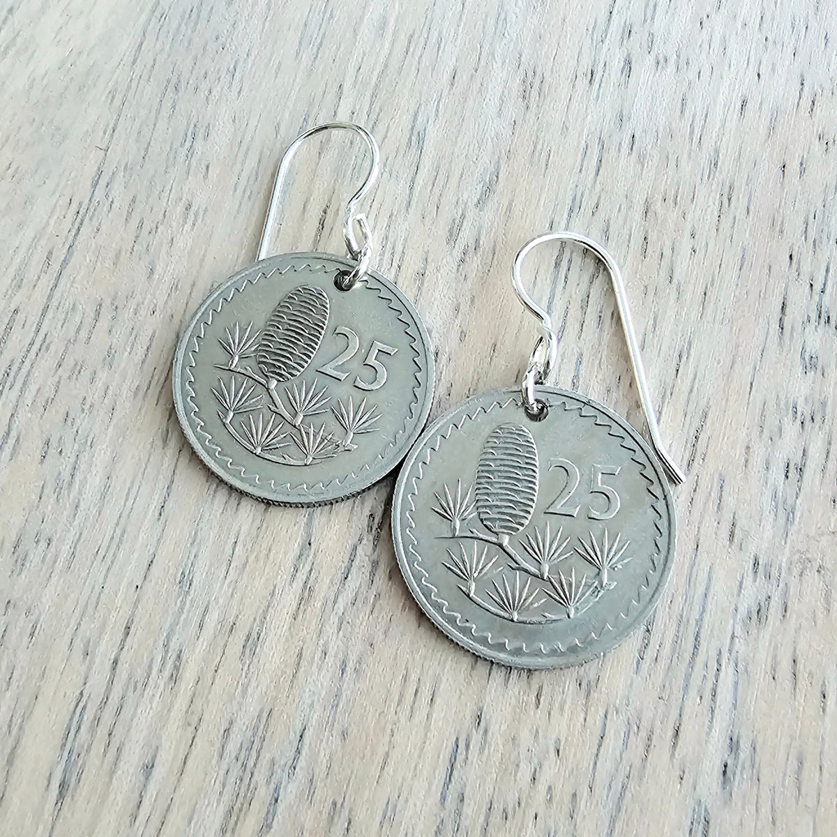 1963 Cyprus Pinecone Coin Earrings, Kibris Kumhuriyeti, 25 Mil, Cedar Tree, Sterling Silver Ear Wires, Gift Box, ERiaDesigns, Birthday Gift