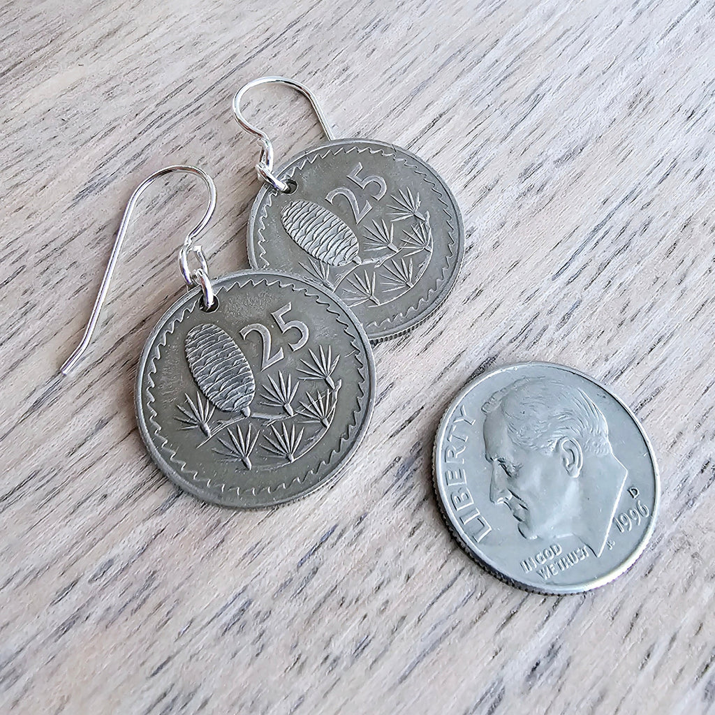 1963 Cyprus Pinecone Coin Earrings, Kibris Kumhuriyeti, 25 Mil, Cedar Tree, Sterling Silver Ear Wires, Gift Box, ERiaDesigns, Birthday Gift