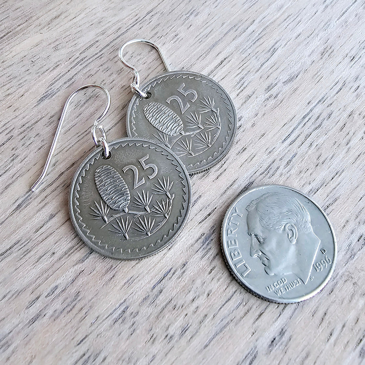1963 Cyprus Pinecone Coin Earrings, Kibris Kumhuriyeti, 25 Mil, Cedar Tree, Sterling Silver Ear Wires, Gift Box, ERiaDesigns, Birthday Gift