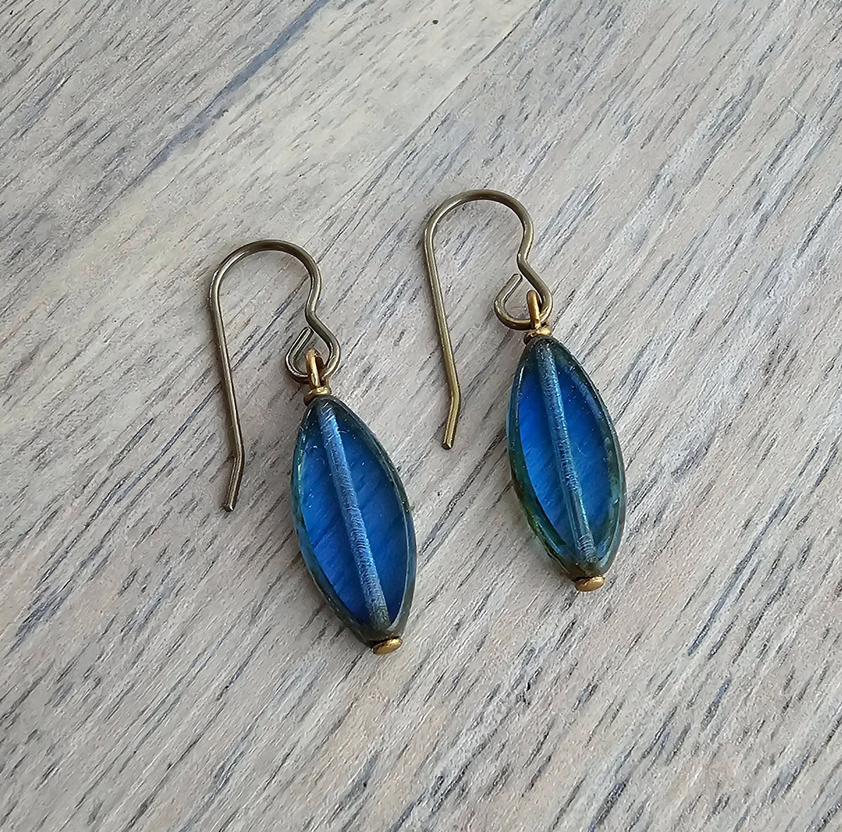 Blue Czech Glass Earrings, Antiqued (Oxidized) U.S. Made Brass Ear Wires, Marquis Navy Blue Beads, Gift Boxed, Made in USA, Eriadesigns