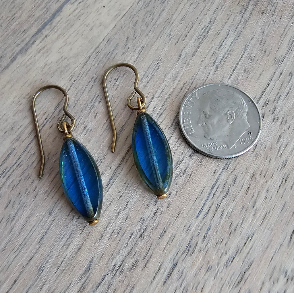 Blue Czech Glass Earrings, Antiqued (Oxidized) U.S. Made Brass Ear Wires, Marquis Navy Blue Beads, Gift Boxed, Made in USA, Eriadesigns