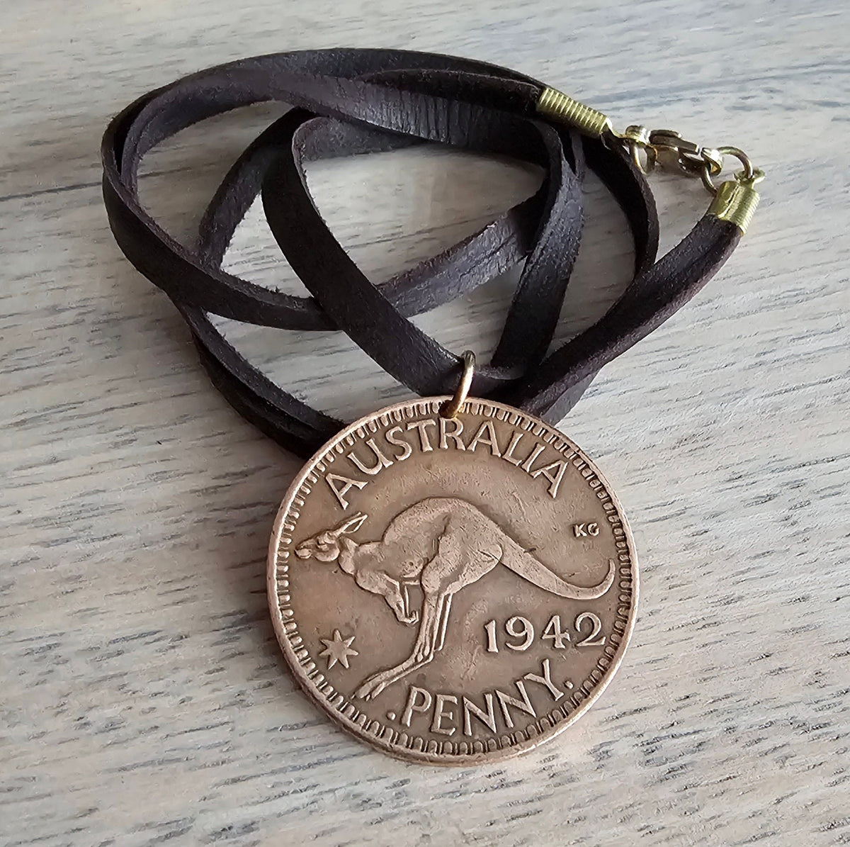 Vintage Australia Coin Necklace, Kangaroo Penny, King George, Brown Leather Cord Chain, 24 Inches, Made in USA by E. Ria Designs, Gift Boxed