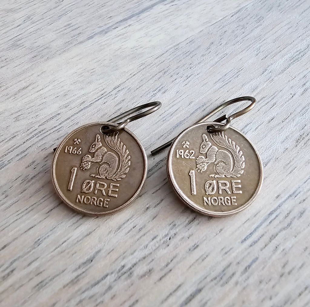 Norway Squirrel Coin Earrings, Solid Brass Ear Wires, Handmade Jewelry Made in USA by E. Ria Designs, Gift Boxed
