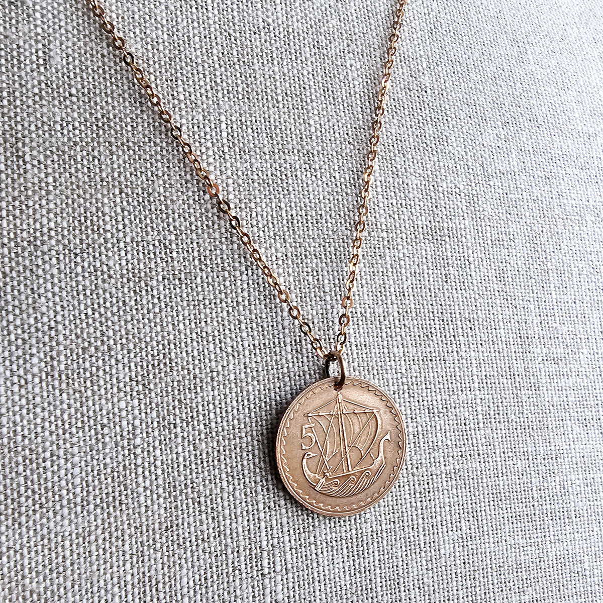 Genuine Cyprus Ship Coin Necklace, Kibris Cumhuriyeti 5 Mils, Vintage Brass Coin, Birthday Anniversary Gift, Artisan Handcrafted in USA