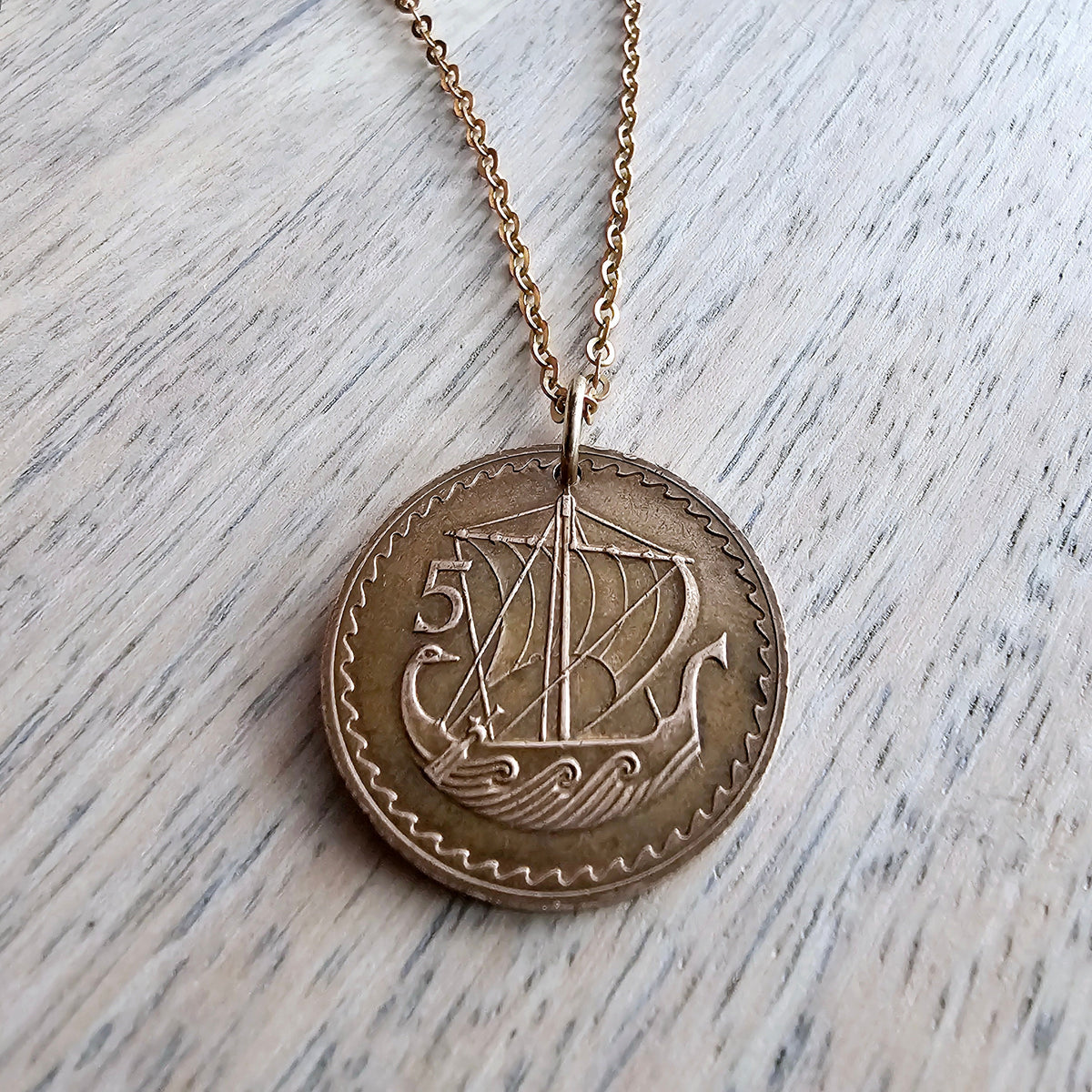 Genuine Cyprus Ship Coin Necklace, Kibris Cumhuriyeti 5 Mils, Vintage Brass Coin, Birthday Anniversary Gift, Artisan Handcrafted in USA