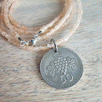 1976 Cyprus Grape Coin Necklace, Frosty Peach Glass Chain, Sterling Silver Clasp, 50 Mils, Long Layering Necklace, Gift Boxed, Eriadesigns