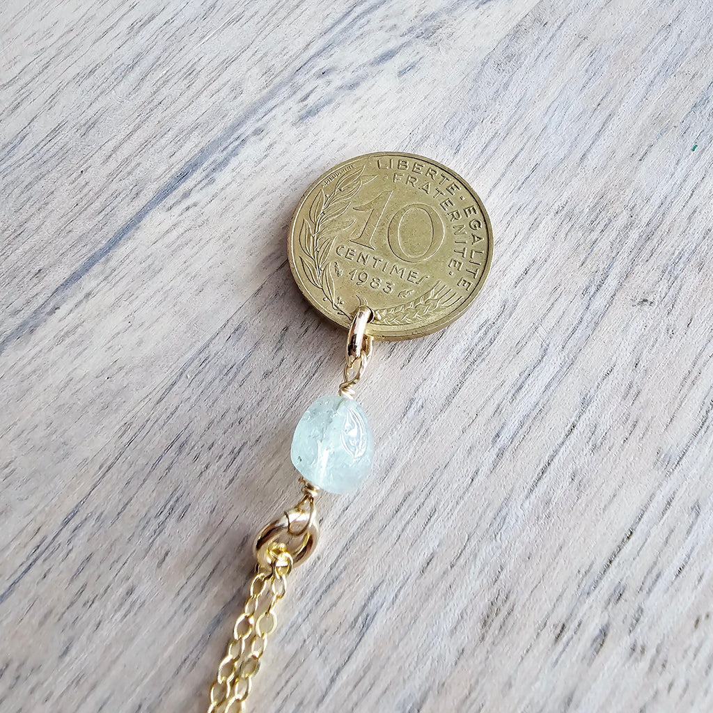 French Coin & Aquamarine Necklace, 14K Gold Filled Cable Chain, Marianne, March Birthstone, Gift Boxed, Handmade in USA Eriadesigns