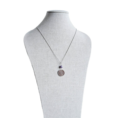 1963 Cyprus Grape Coin, 50 Mil, Genuine Amethyst Bead, Stainless Steel Ball Chain, Gift Boxed, Handcrafted Jewelry, E. Ria Designs