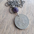 1963 Cyprus Grape Coin, 50 Mil, Genuine Amethyst Bead, Stainless Steel Ball Chain, Gift Boxed, Handcrafted Jewelry, E. Ria Designs