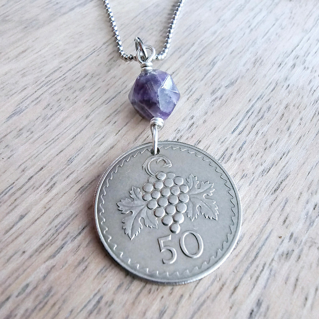 1963 Cyprus Grape Coin, 50 Mil, Genuine Amethyst Bead, Stainless Steel Ball Chain, Gift Boxed, Handcrafted Jewelry, E. Ria Designs