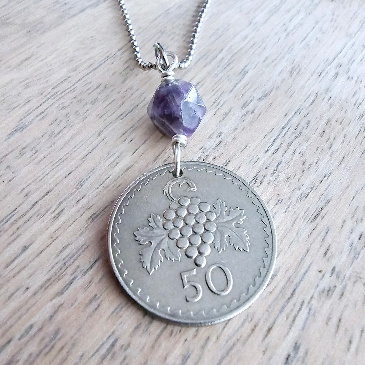 1963 Cyprus Grape Coin, 50 Mil, Genuine Amethyst Bead, Stainless Steel Ball Chain, Gift Boxed, Handcrafted Jewelry, E. Ria Designs