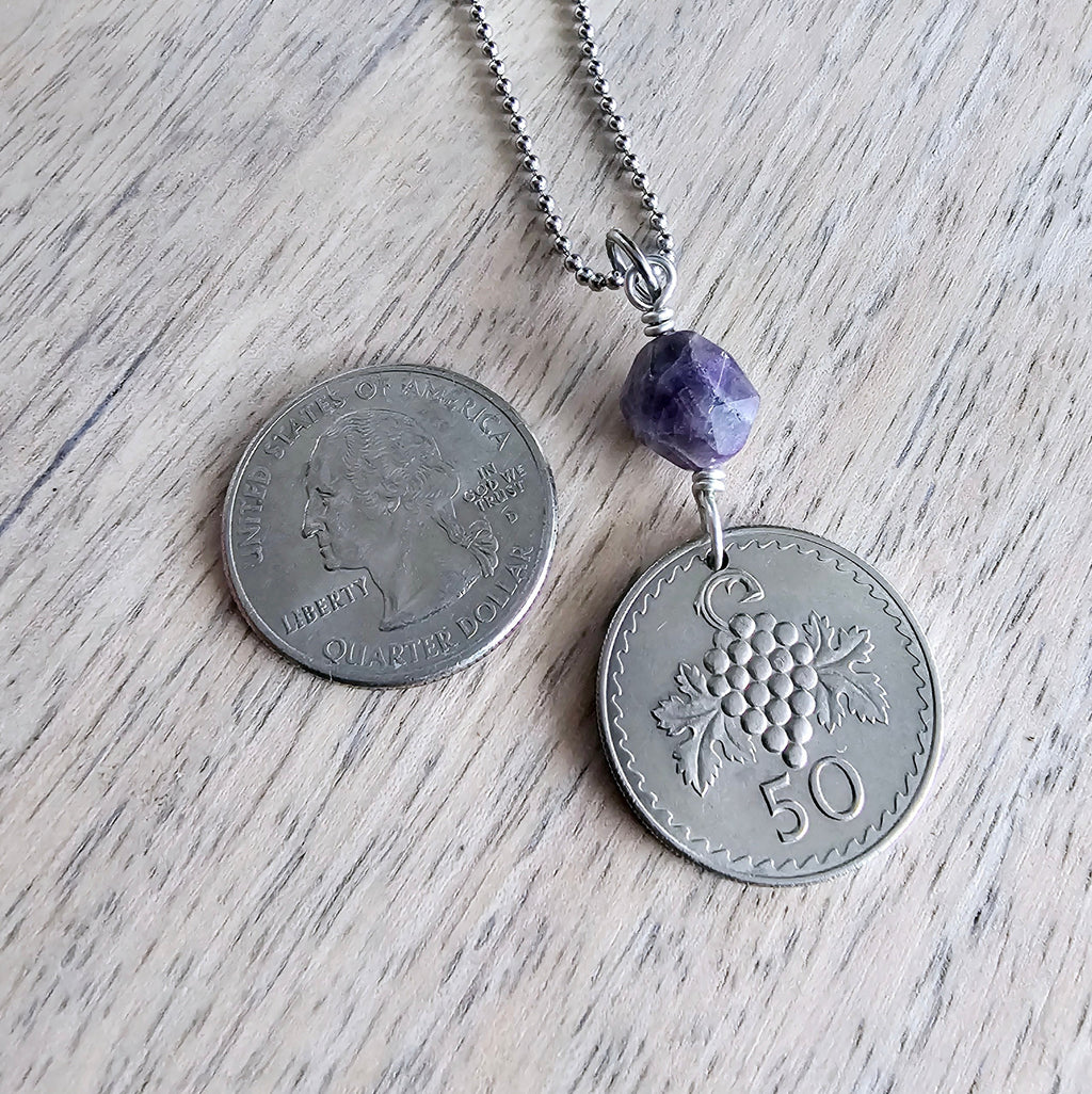 1963 Cyprus Grape Coin, 50 Mil, Genuine Amethyst Bead, Stainless Steel Ball Chain, Gift Boxed, Handcrafted Jewelry, E. Ria Designs