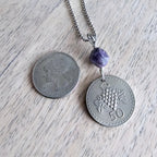 1963 Cyprus Grape Coin, 50 Mil, Genuine Amethyst Bead, Stainless Steel Ball Chain, Gift Boxed, Handcrafted Jewelry, E. Ria Designs