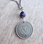 1963 Cyprus Grape Coin, 50 Mil, Genuine Amethyst Bead, Stainless Steel Ball Chain, Gift Boxed, Handcrafted Jewelry, E. Ria Designs