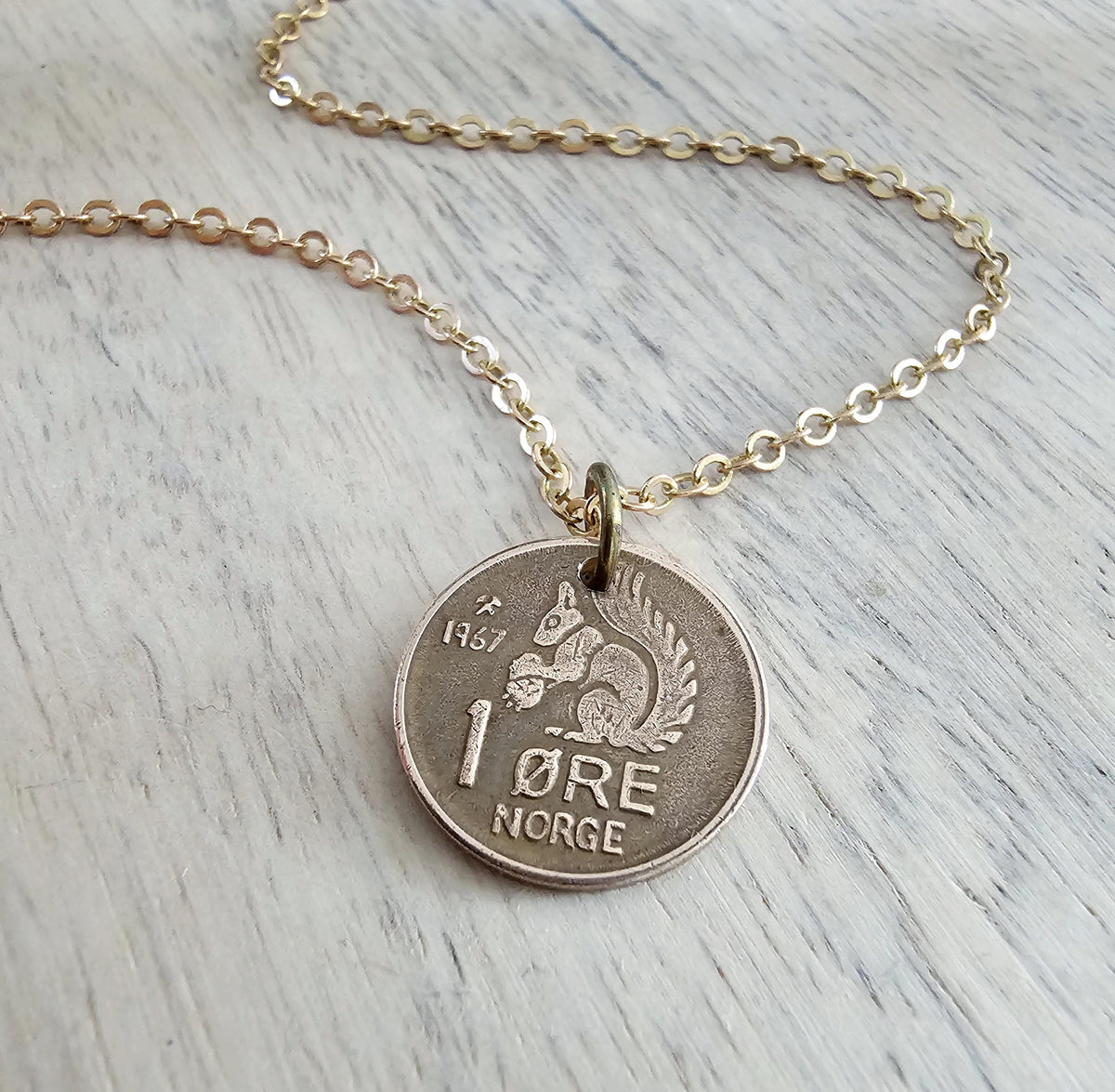 Squirrel Necklace, Crown Coin, Norway Squirrel Acorn Ore, Red Brass Cable Chain, Norwegian Gift, Handcrafted Artisan Jewelry E. Ria Designs