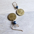 French Coin Earrings, Woman's Silhouette Gold France Five Centimes and Bronze Ear Wire, Blue Pearls, Handcrafted in USA by E. Ria Designs