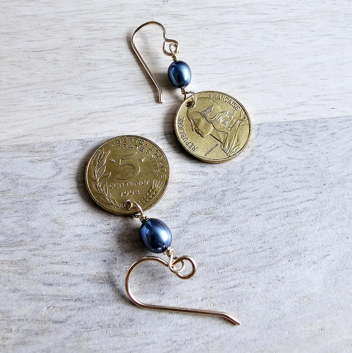 French Coin Earrings, Woman's Silhouette Gold France Five Centimes and Bronze Ear Wire, Blue Pearls, Handcrafted in USA by E. Ria Designs