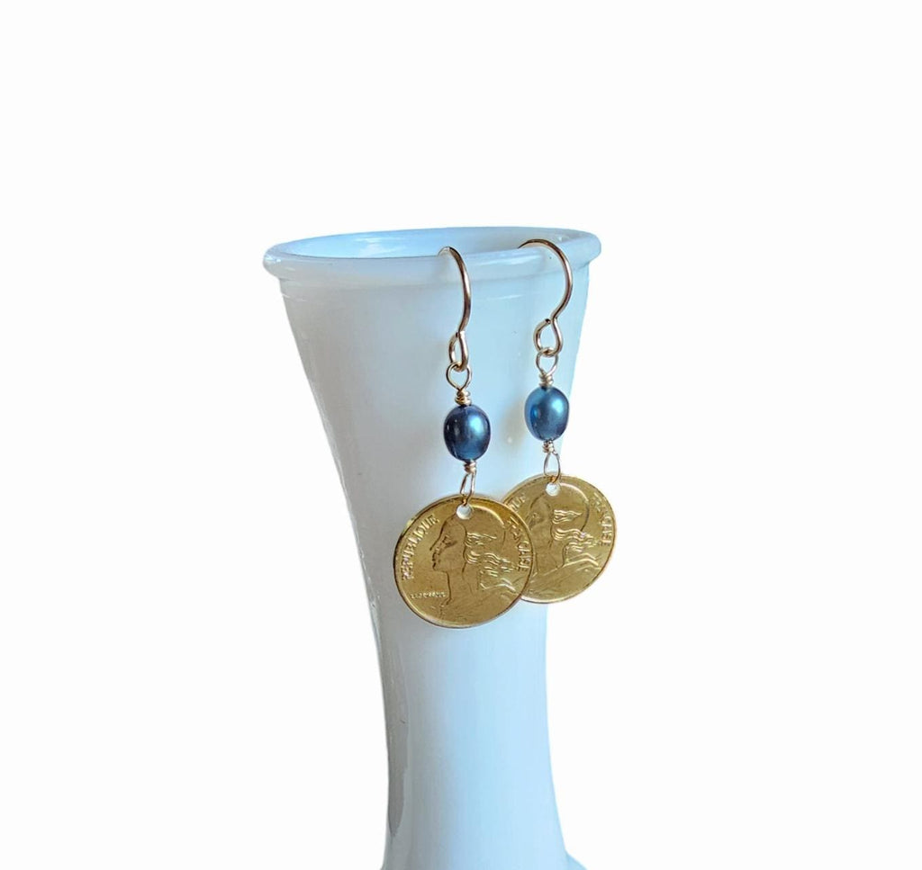 French Coin Earrings, Woman's Silhouette Gold France Five Centimes and Bronze Ear Wire, Blue Pearls, Handcrafted in USA by E. Ria Designs