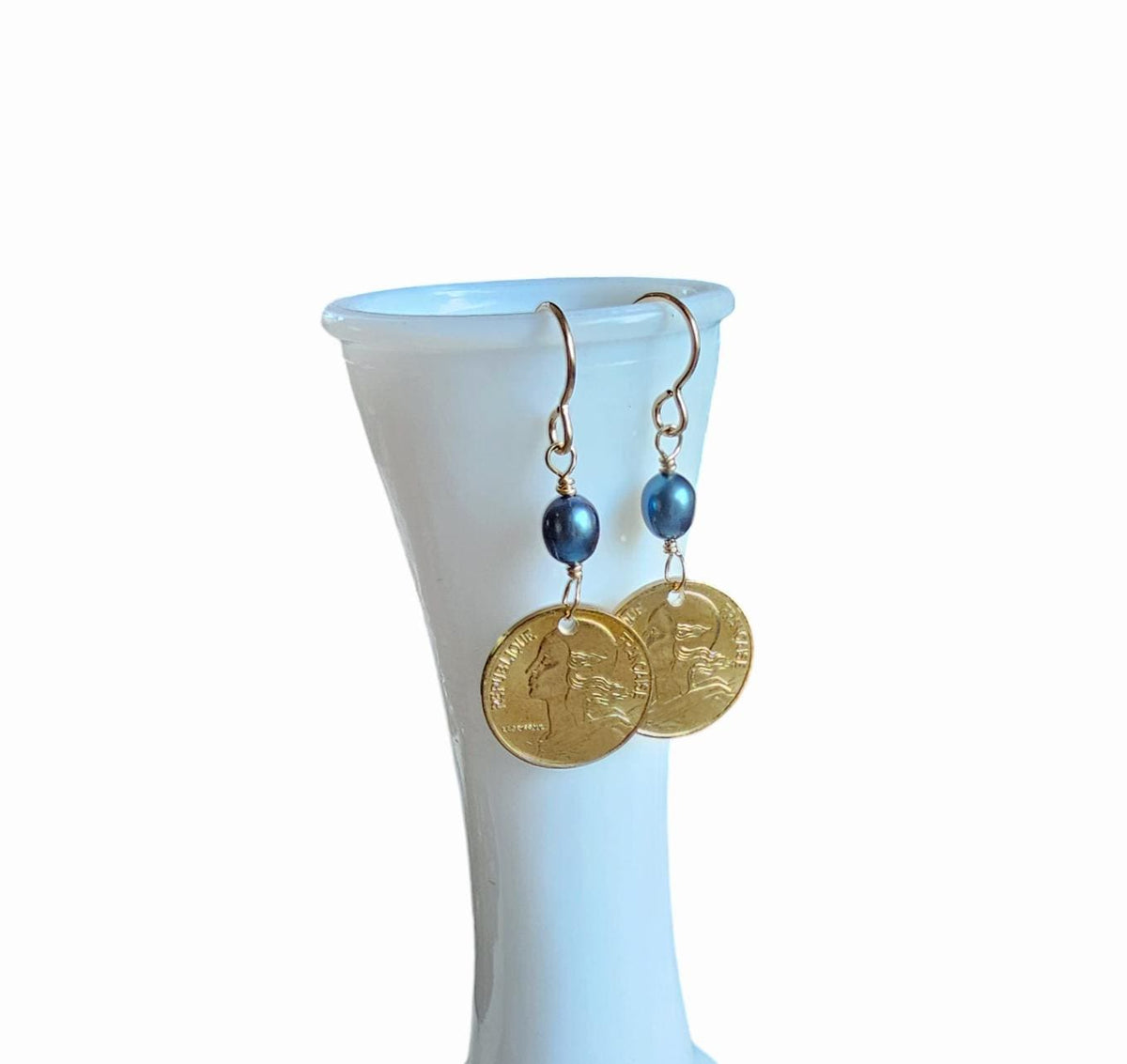 French Coin Earrings, Woman's Silhouette Gold France Five Centimes and Bronze Ear Wire, Blue Pearls, Handcrafted in USA by E. Ria Designs