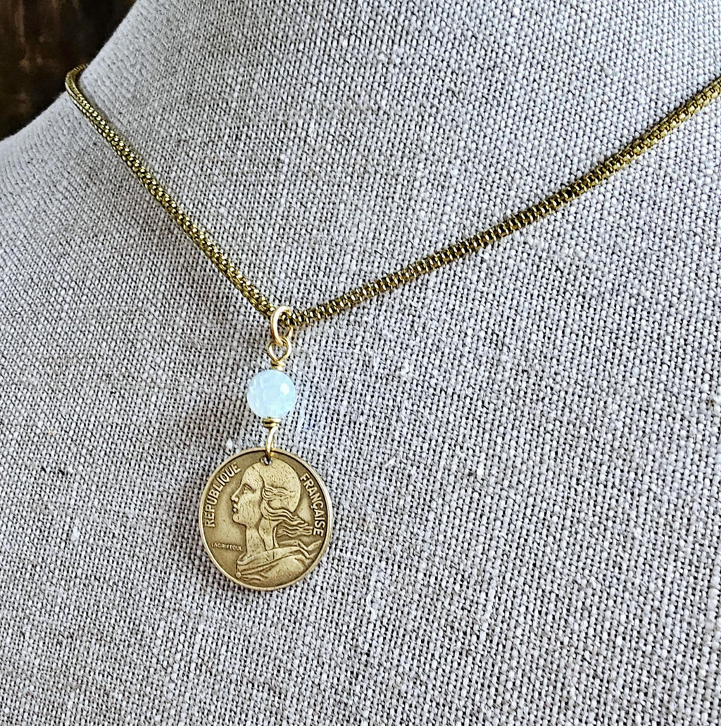 French Coin & Genuine Aquamarine Necklace, Brass Chain, Marianne, March Birthstone, Gift Boxed, Handmade in USA Eriadesigns