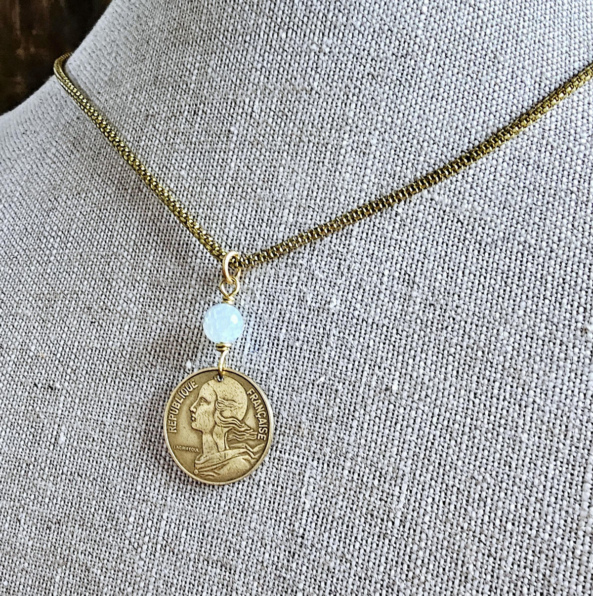 French Coin & Genuine Aquamarine Necklace, Brass Chain, Marianne, March Birthstone, Gift Boxed, Handmade in USA Eriadesigns