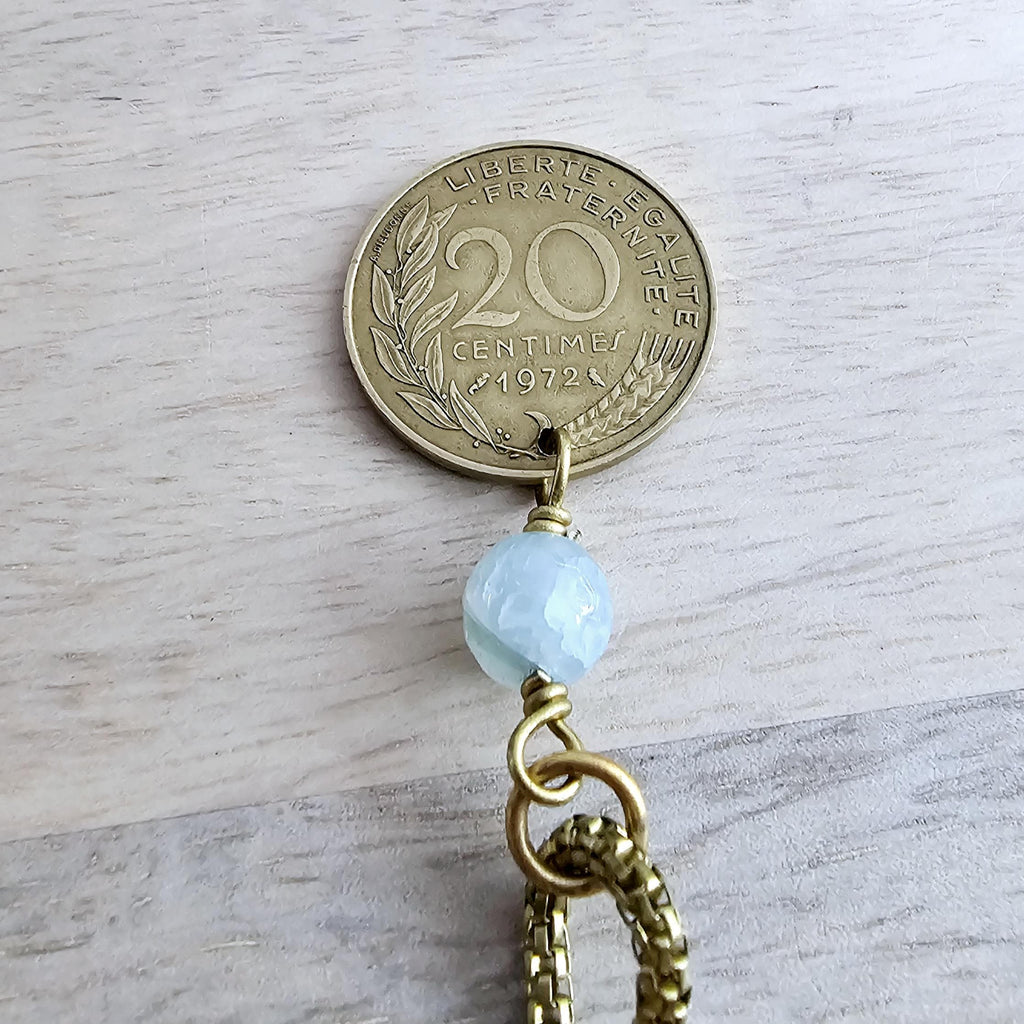 French Coin & Genuine Aquamarine Necklace, Brass Chain, Marianne, March Birthstone, Gift Boxed, Handmade in USA Eriadesigns