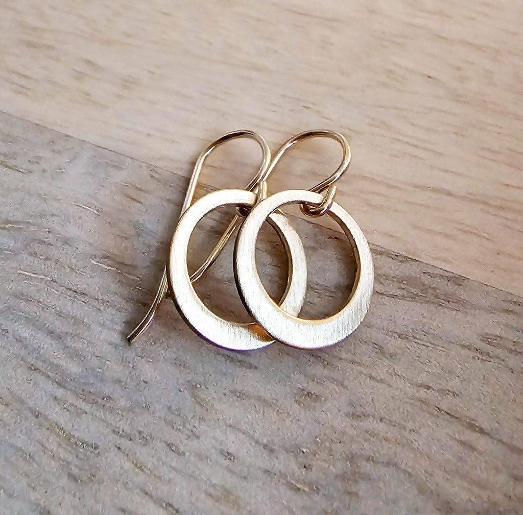 Brushed Dainty Gold Hoop Earrings, 14K Gold Filled Hand Cut Artisan Earrings on French Ear Wires, Made in USA by E. Ria Designs, Gift Boxed