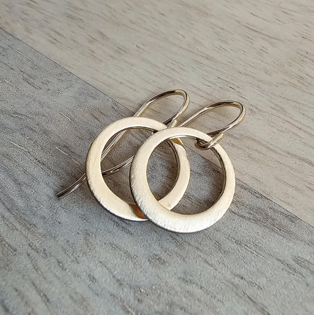 Brushed Dainty Gold Hoop Earrings, 14K Gold Filled Hand Cut Artisan Earrings on French Ear Wires, Made in USA by E. Ria Designs, Gift Boxed